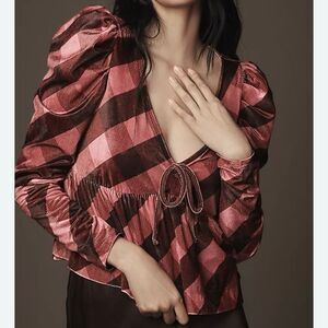 Anthropologie Maeve Pink Plaid Velvet Puff Sleeve Babydoll Top NWT Size Large